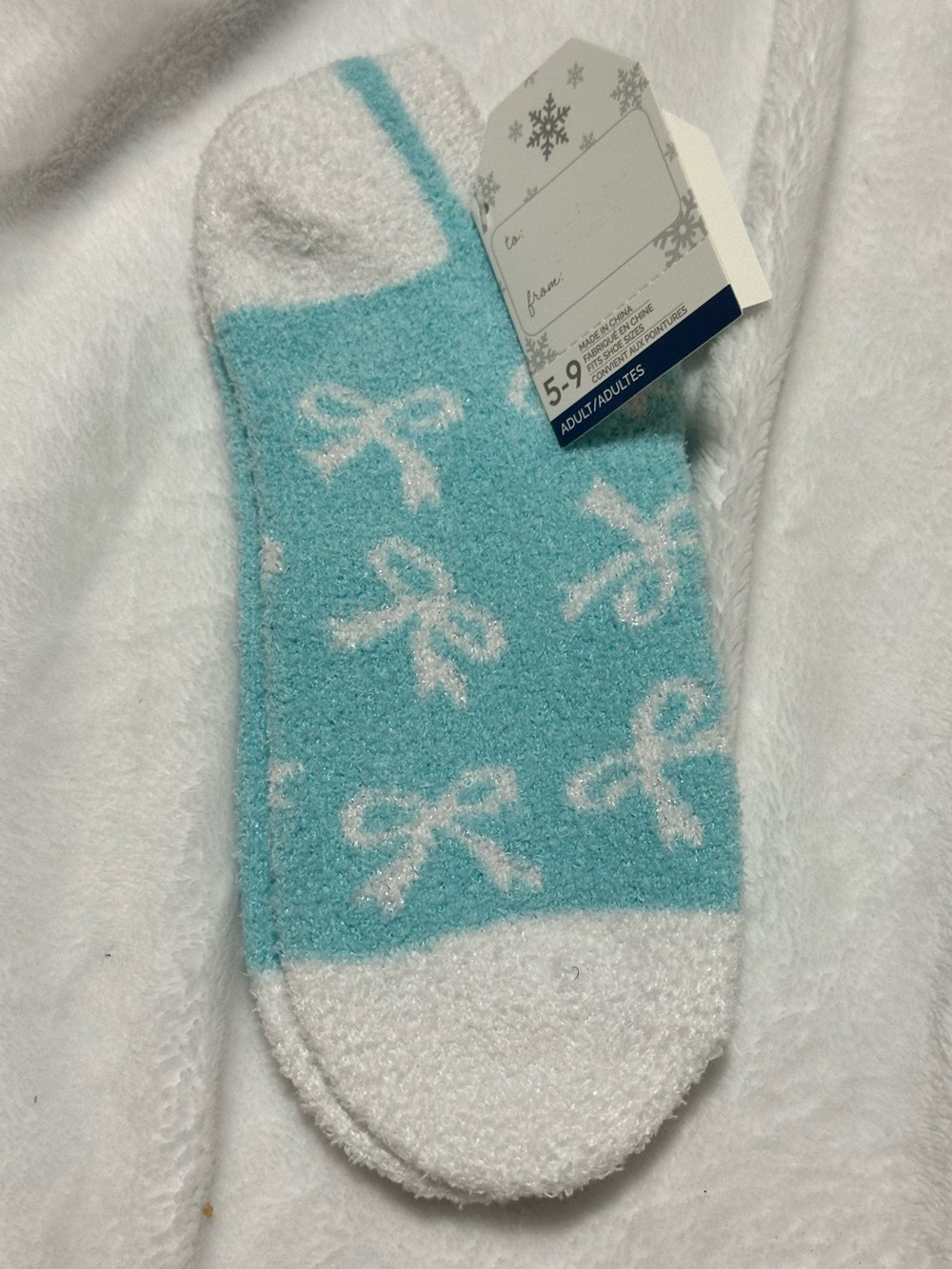 Blue Ribbon Bow Fuzzy Socks Cozy Low Cut Ankle 5-9